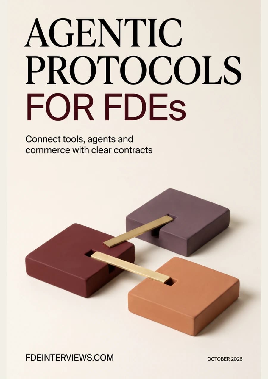 Agentic Protocols for FDEs cover: burgundy, aubergine and terracotta platforms connected by brass bridges on ivory.