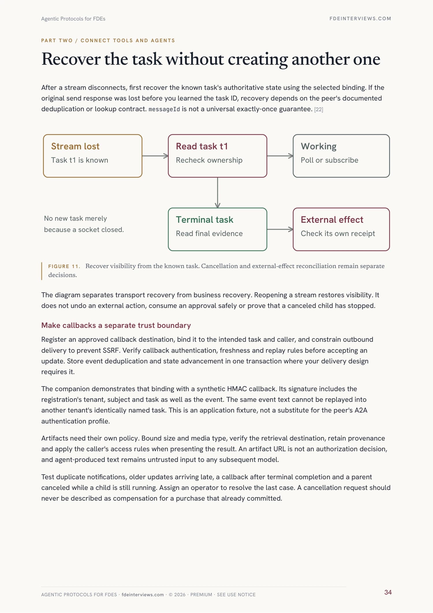 Page 34 of Agentic Protocols for FDEs: Recover remote tasks without inventing success. A real page from the PDF.