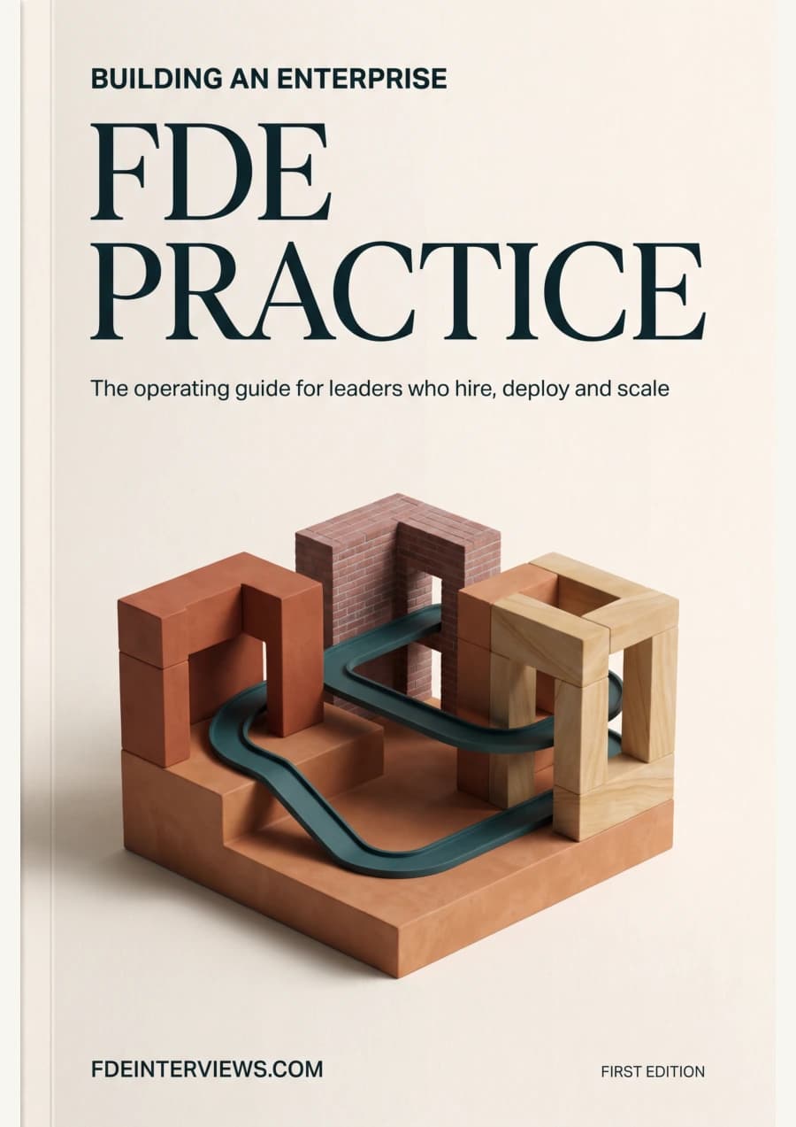 Building an Enterprise FDE Practice cover: sandstone, terracotta and teal structures joined by a continuous path on warm ivory paper.