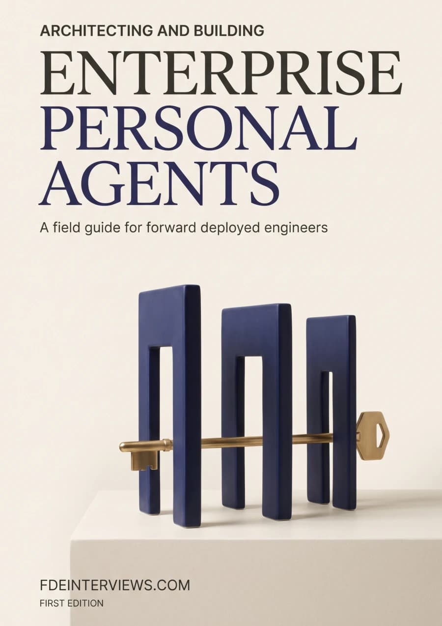 Architecting and Building Enterprise Personal Agents cover: a brass key passing through three deep indigo gateways on an ivory plinth.