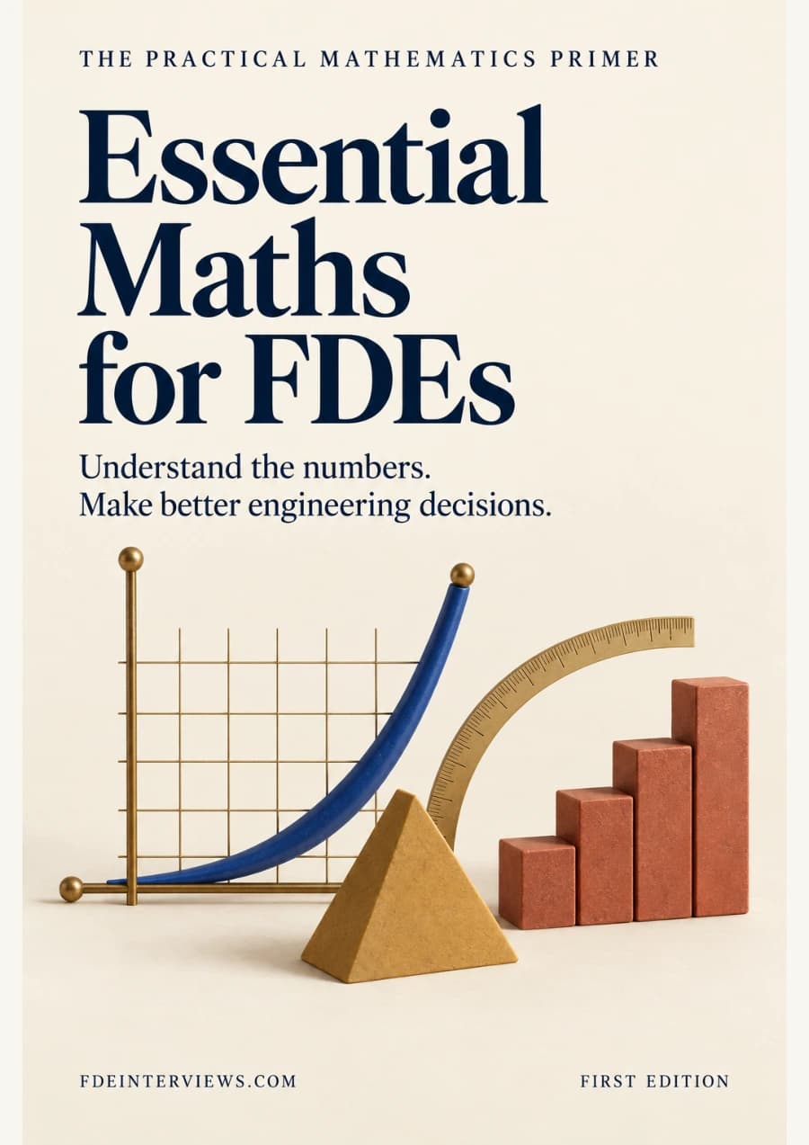 Essential Maths for FDEs cover: navy typography, a blue curve, brass axes and terracotta bars on ivory paper.