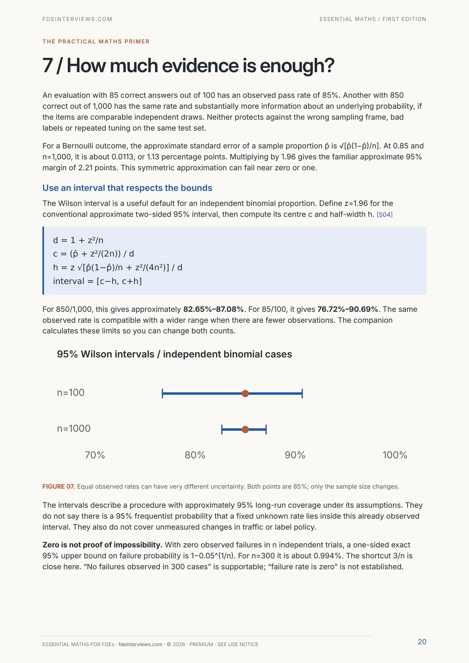 Page 20 of Essential Maths for FDEs: Read an evaluation with uncertainty. A real page from the PDF.