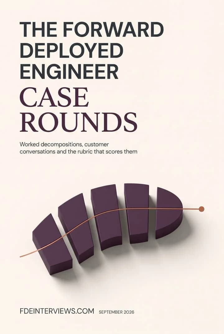 The Forward Deployed Engineer Case Rounds cover: ivory paper and a deep-plum form cut into five parts, with a copper line running through the cuts.