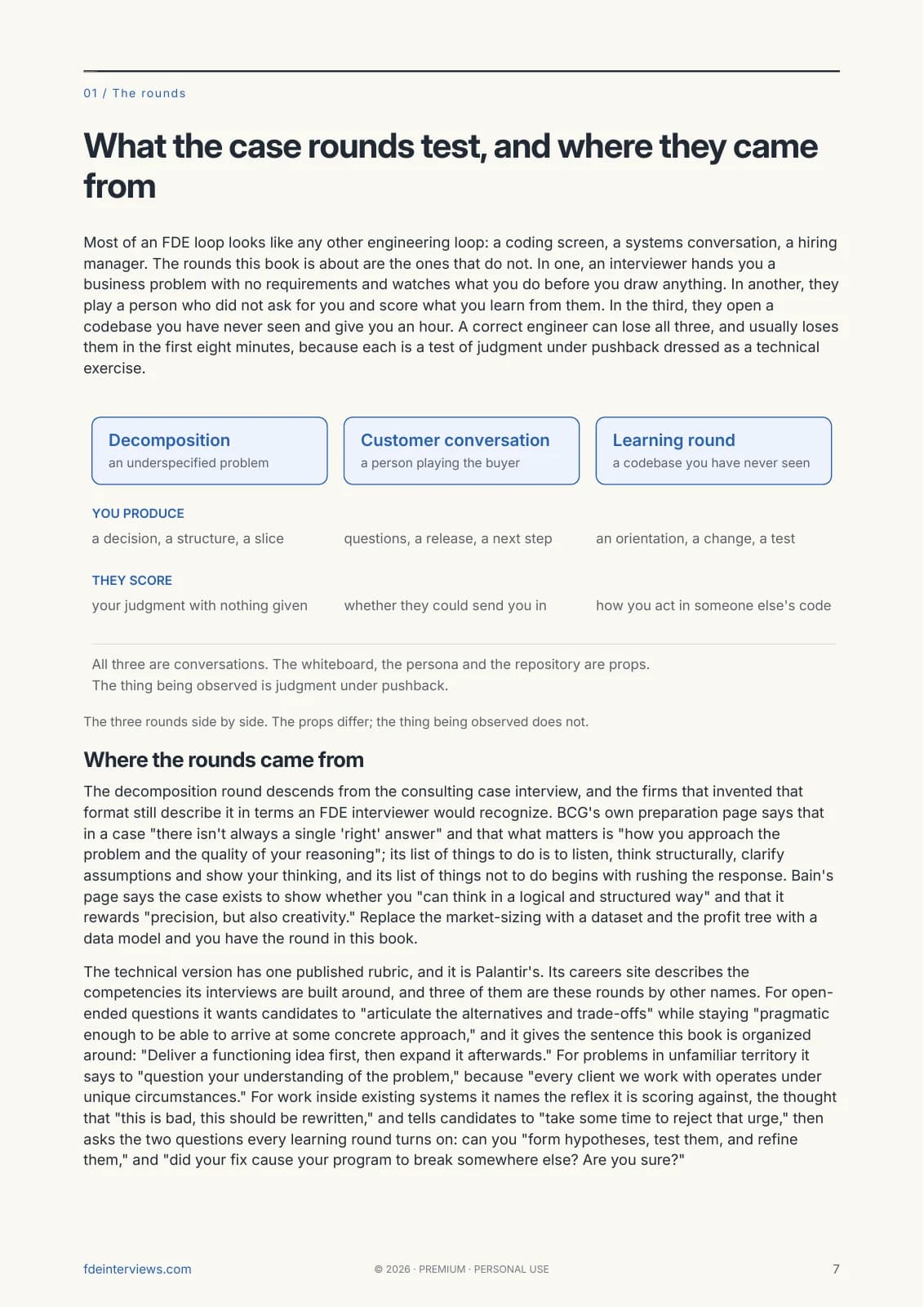 Page 7 of the Case Rounds book: What the case rounds test. A real page from the PDF.