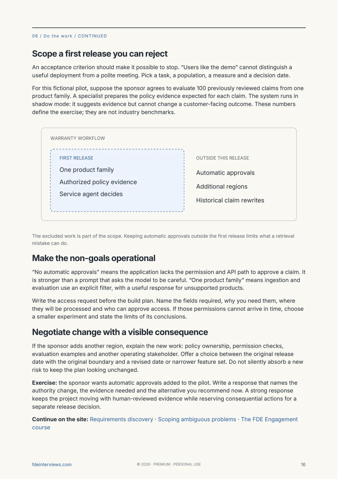 Page 16 of the FDE Field Guide: Scope a first release you can reject. A real page from the PDF, with an annotated diagram and worked explanation.