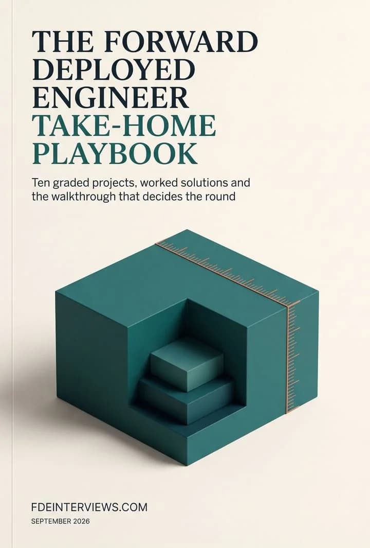 The Forward Deployed Engineer Take-Home Playbook cover: ivory paper and a deep-teal block cut open to show three stacked layers, with a copper measuring line along one edge.
