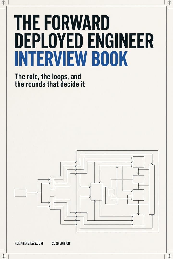 Cover of The Forward Deployed Engineer Interview Book by FDEInterviews.com, 2026 edition, with the strapline: the role, the loops, and the rounds that decide it.