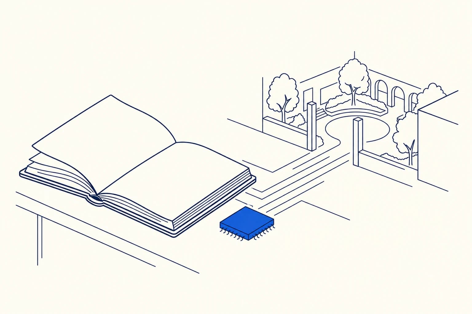 An open book and campus courtyard connected by circuit paths