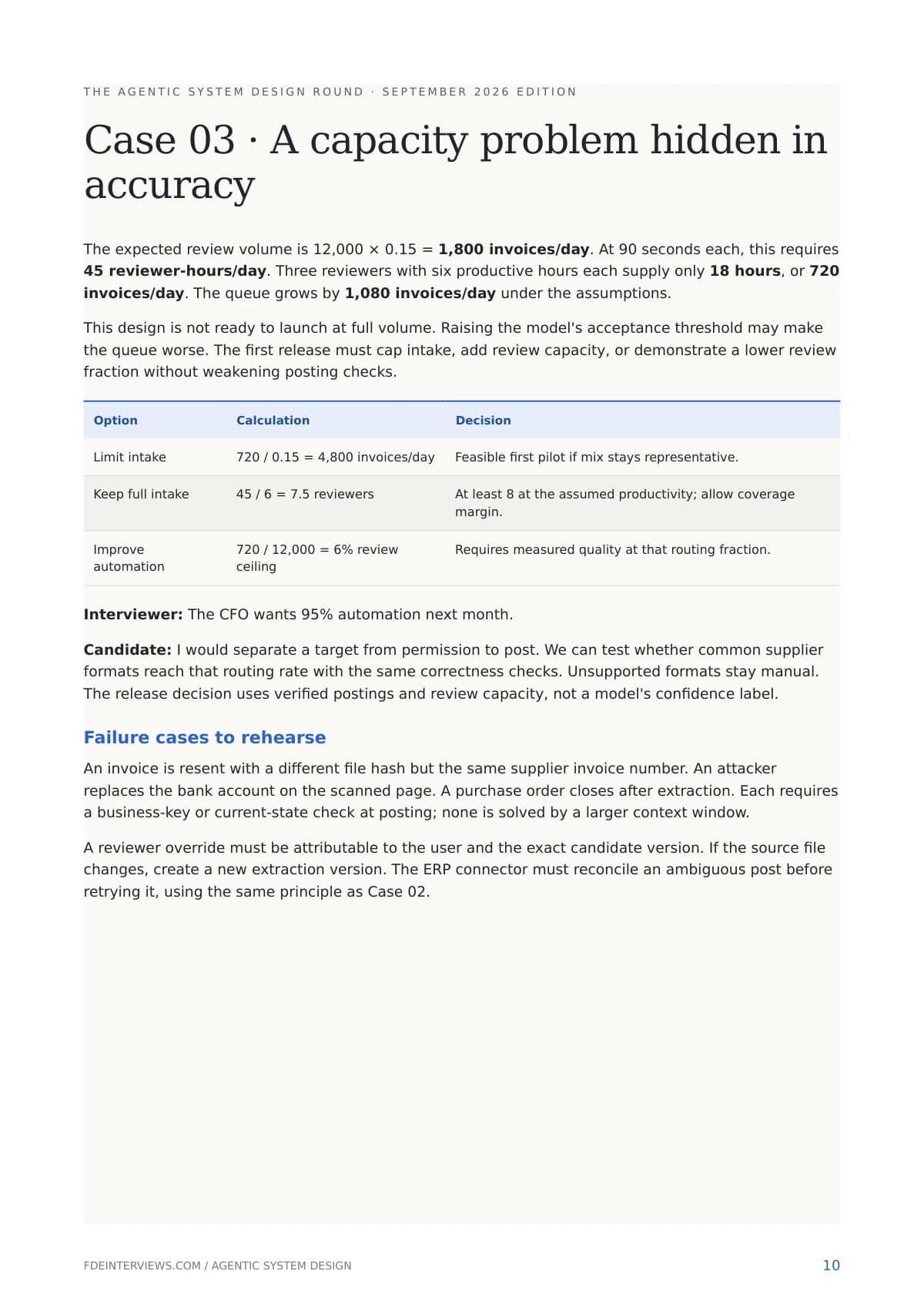 Page 10 of The Agentic System Design Round: A capacity problem hidden in accuracy. A real page from the PDF.