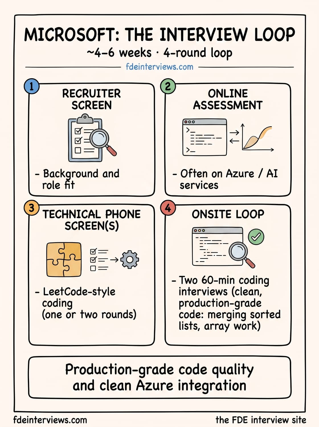 Infographic of the Microsoft interview loop, round by round: Recruiter screen, Online assessment, Technical phone screen(s), Onsite loop.