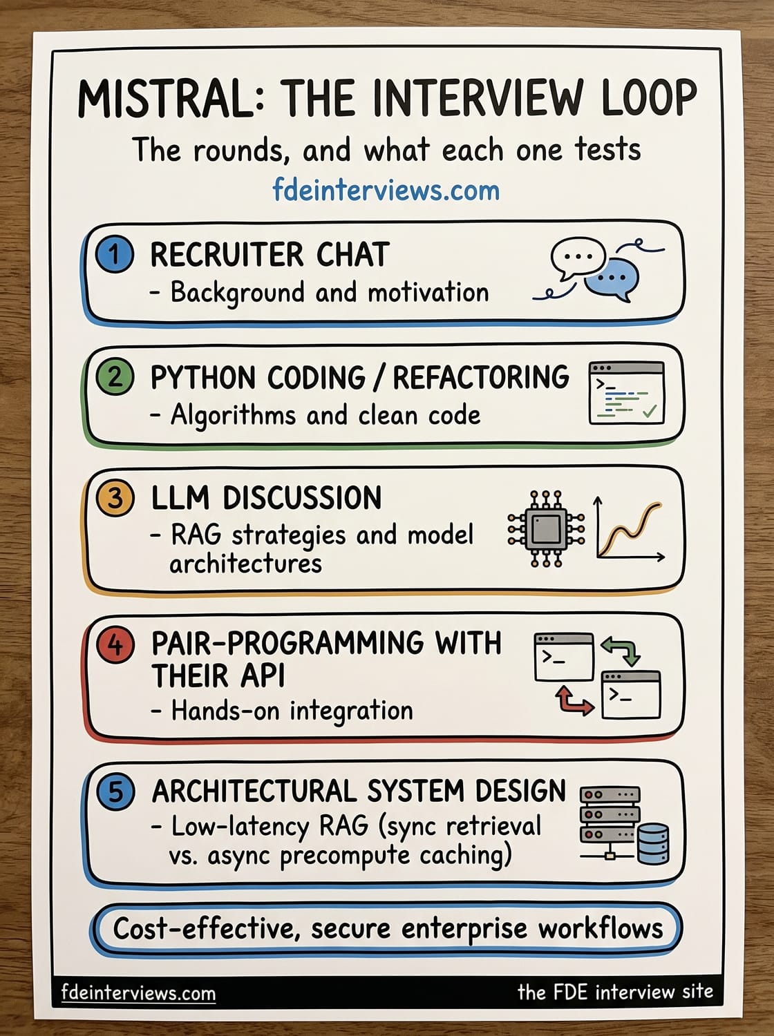 Infographic of the Mistral interview loop, round by round: Recruiter chat, Python coding / refactoring, LLM discussion, Pair-programming with their API, Architectural system design.
