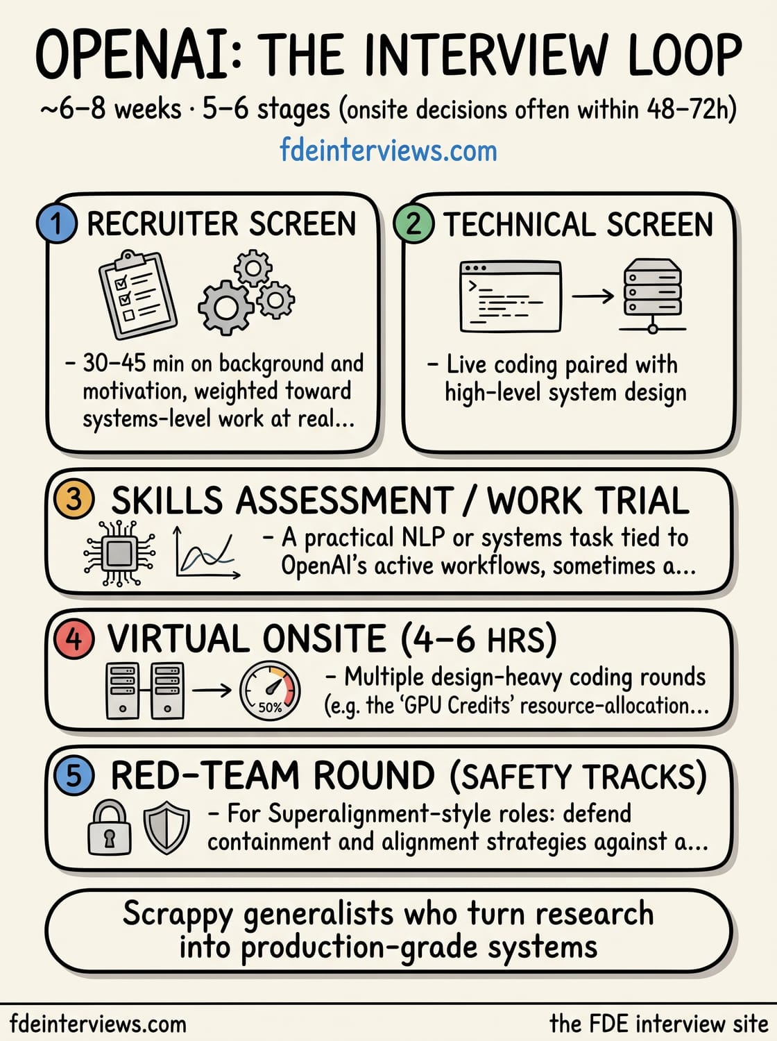 Infographic of the OpenAI interview loop, round by round: Recruiter screen, Technical screen, Skills assessment / work trial, Virtual onsite (4–6 hrs), Red-team round (safety tracks).