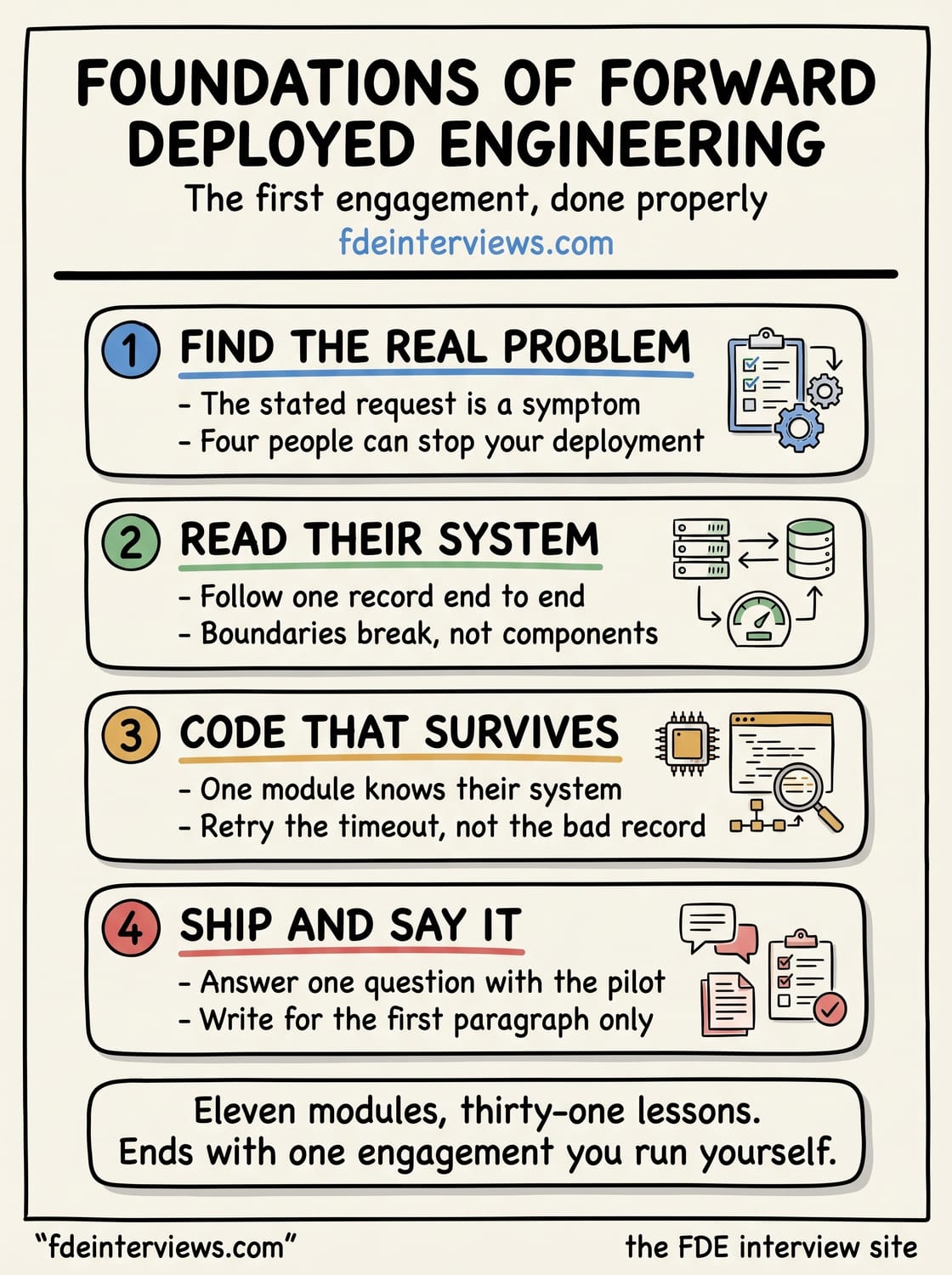 Infographic mapping the Foundations of Forward Deployed Engineering course: the role and the engagement loop, discovery that finds the real problem, reading a system nobody documented, code that survives someone else's environment, modelling their data, the proof of concept, a first AI feature, operating what you shipped, communication, and a capstone engagement.