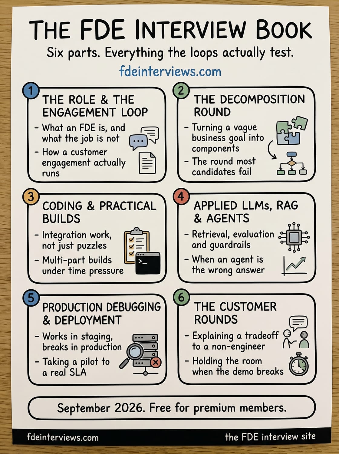 Infographic outlining the six parts of the Forward Deployed Engineer interview book: the role and the engagement loop, the decomposition round, coding and practical builds, applied LLMs and agents, production debugging and deployment, and the customer rounds. Free for premium members, September 2026.
