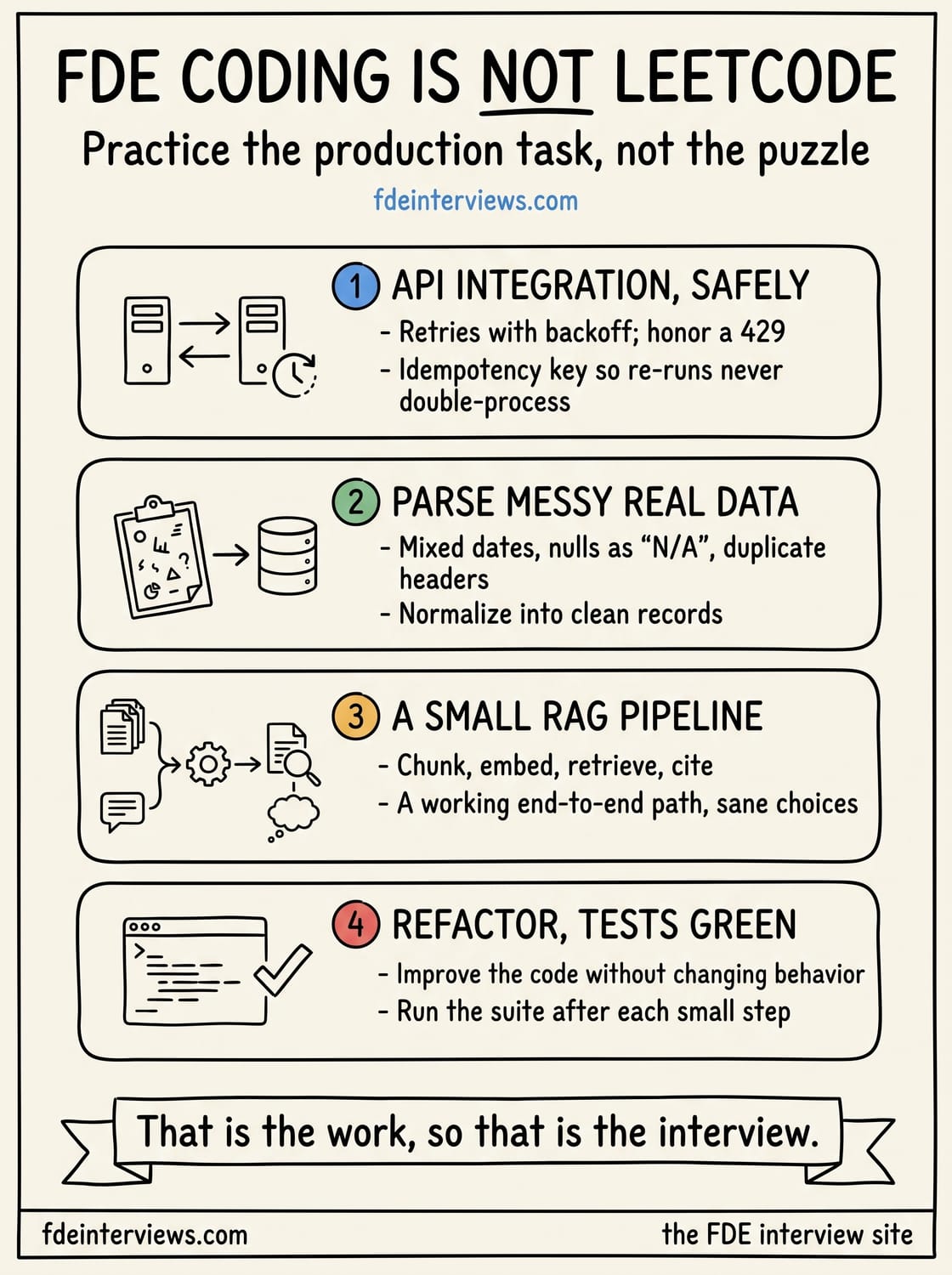 Infographic of what FDE coding interviews test instead of LeetCode: safe API integration with retries and idempotency, parsing messy real-world data, building a small end-to-end RAG pipeline, and refactoring working code with tests green.