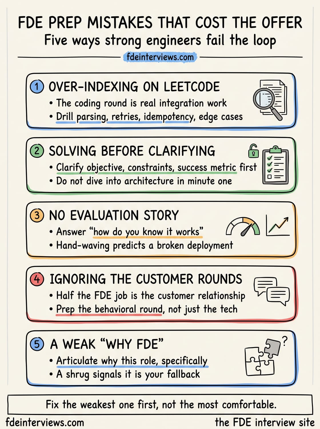 Infographic of five Forward Deployed Engineer interview prep mistakes that cost strong engineers the offer: over-indexing on LeetCode, solving before clarifying, no evaluation story, ignoring the customer rounds, and a weak why-FDE, with the advice to fix the weakest one first.