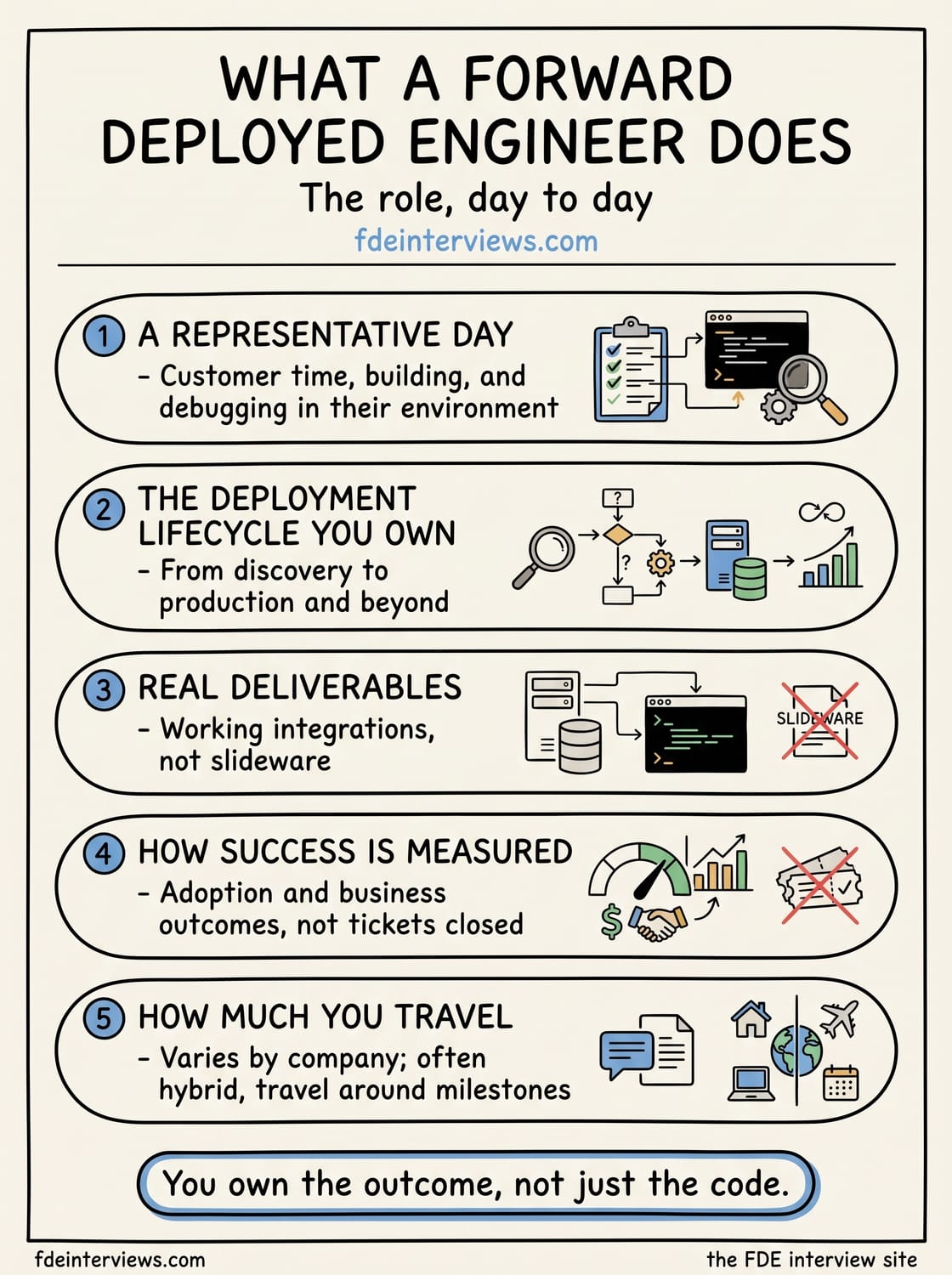Infographic of what a Forward Deployed Engineer actually does day to day: a representative day, the deployment lifecycle you own, real deliverables, how success is measured, and how much you travel.