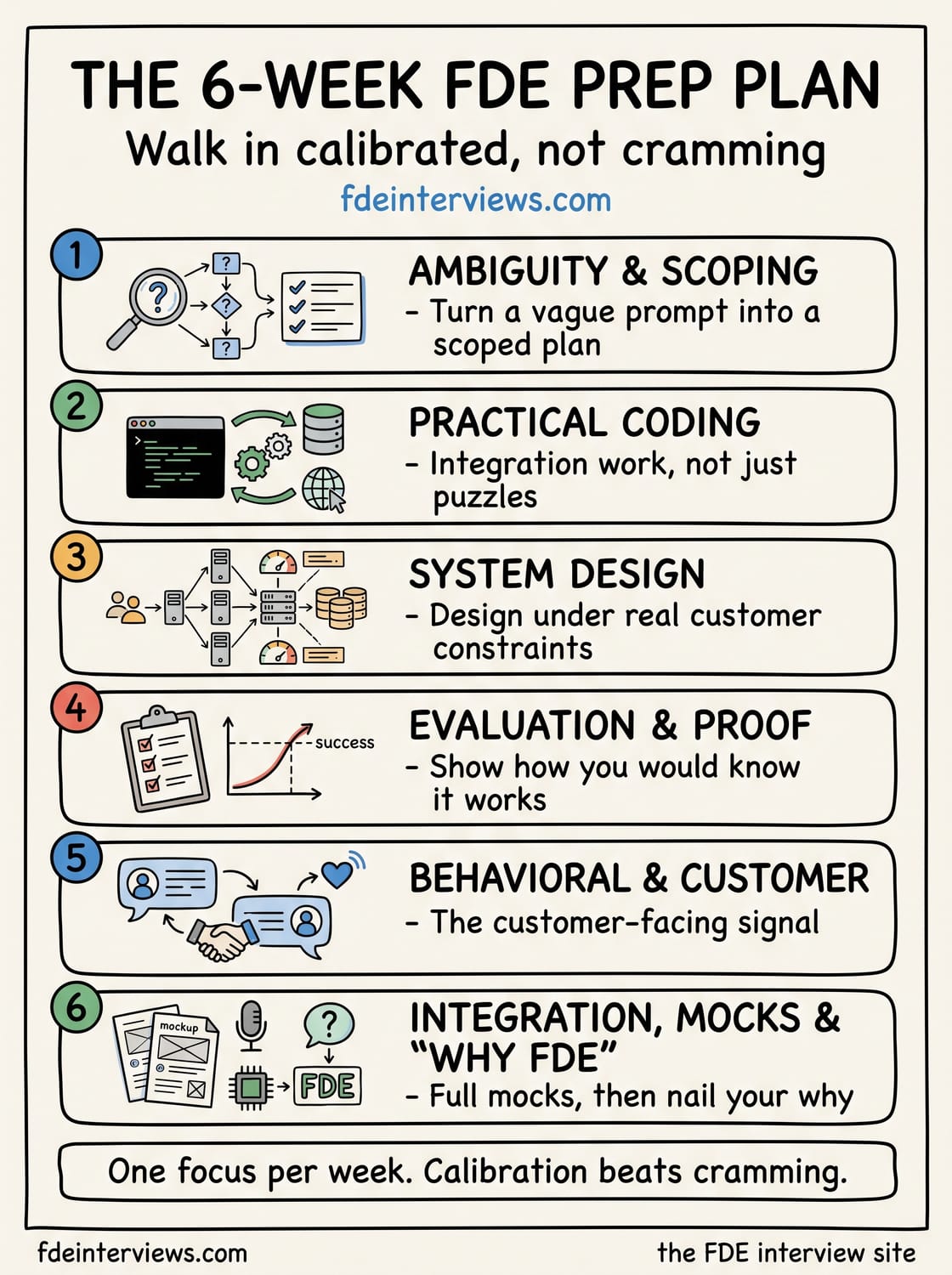 Infographic of a six-week Forward Deployed Engineer interview prep plan: week 1 ambiguity and scoping, week 2 practical coding, week 3 system design under customer constraints, week 4 evaluation and the proof story, week 5 behavioral and the customer signal, week 6 integration mocks and why FDE.