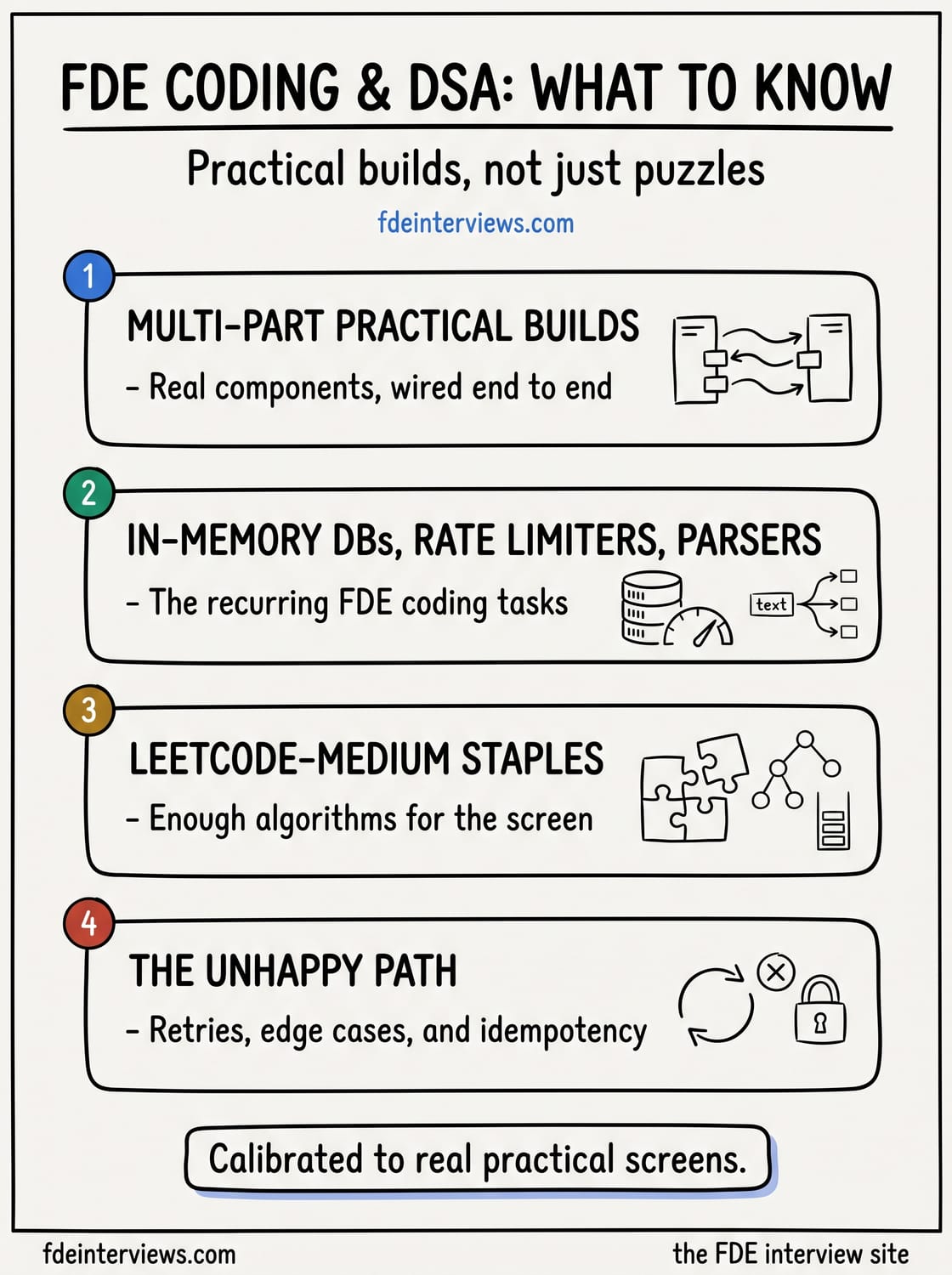 Infographic of FDE coding and DSA topics: multi-part practical builds, in-memory databases and rate limiters and parsers, LeetCode-medium staples, and handling the unhappy path.
