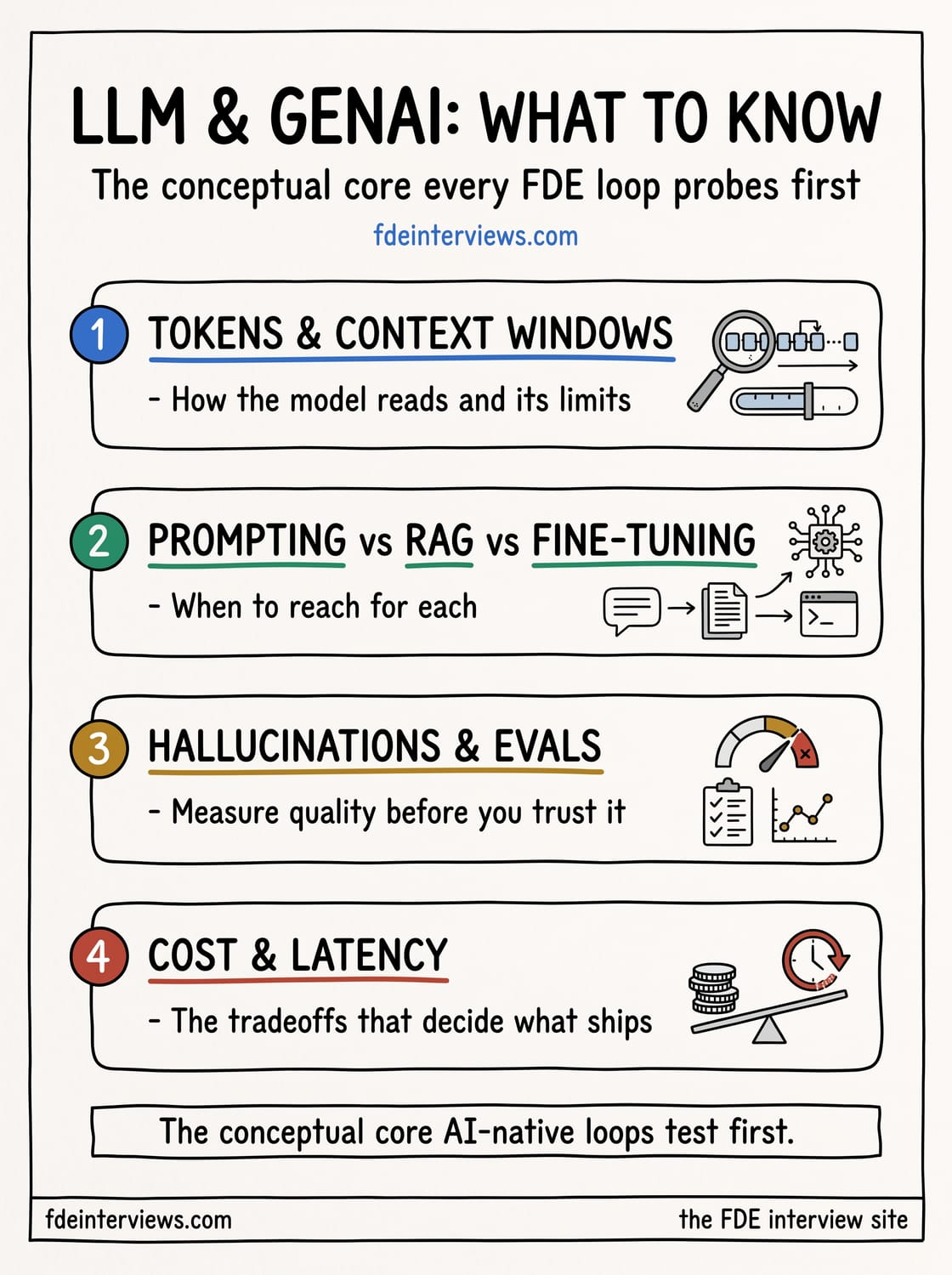 Infographic of LLM and generative AI topics for FDE interviews: tokens and context windows, prompting vs RAG vs fine-tuning, hallucinations and evals, and cost and latency.
