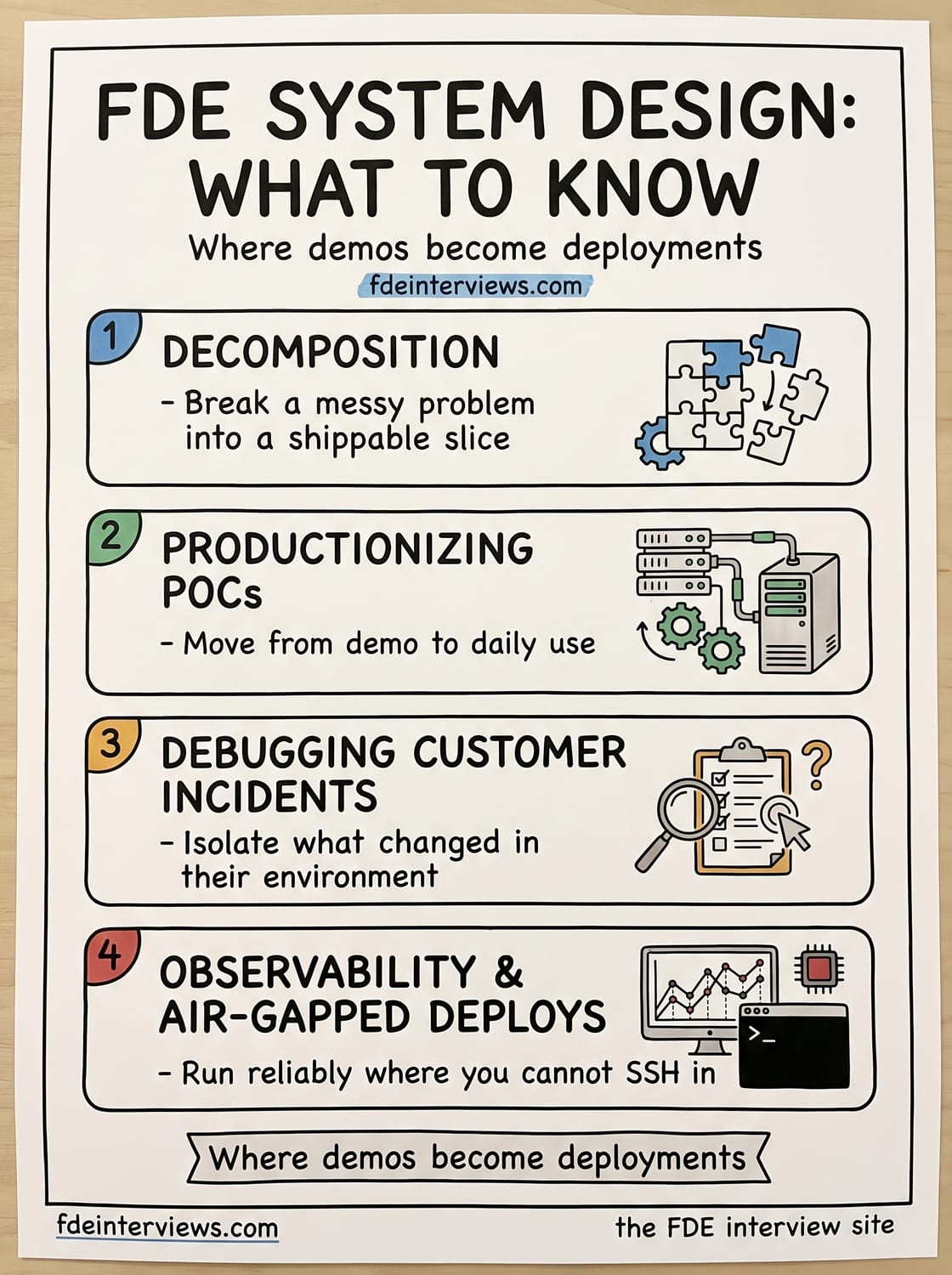 Infographic of FDE system design topics: decomposition, productionizing proofs of concept, debugging customer incidents, and observability with air-gapped deploys.